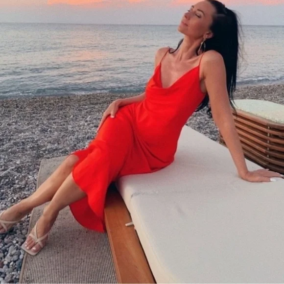 Zara bright Red Satin Effect Lingerie Style maxi Cowl Neck Dress - Picture 6 of 13